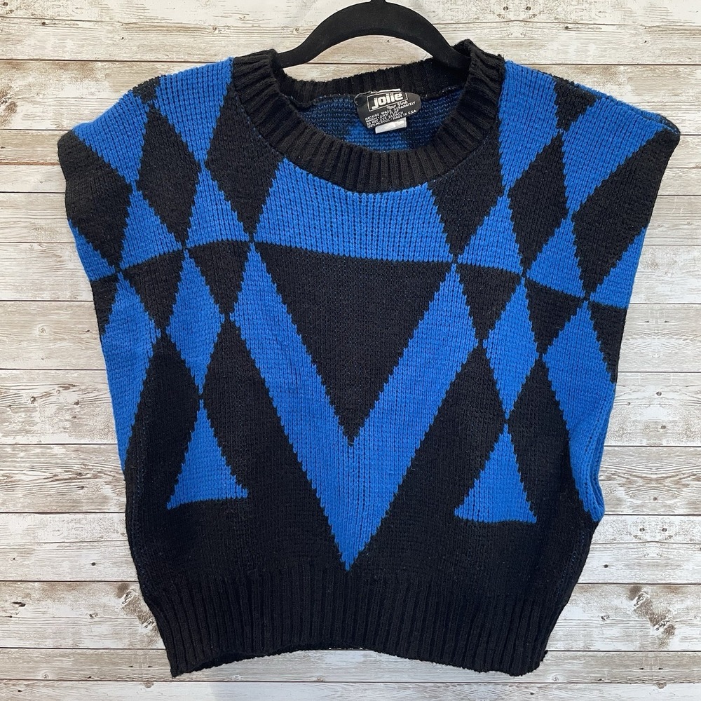 Vtg 90's‎ Jolie Womens M Vest Blue Black Geometric Sweater Made USA Cropped Knit